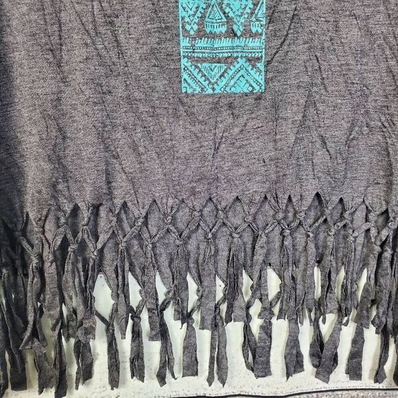 Vanity 2XL Gray Fringe Hem Elephant Cross Graphic Top Boho Dolman Tee - Picture 2 of 7